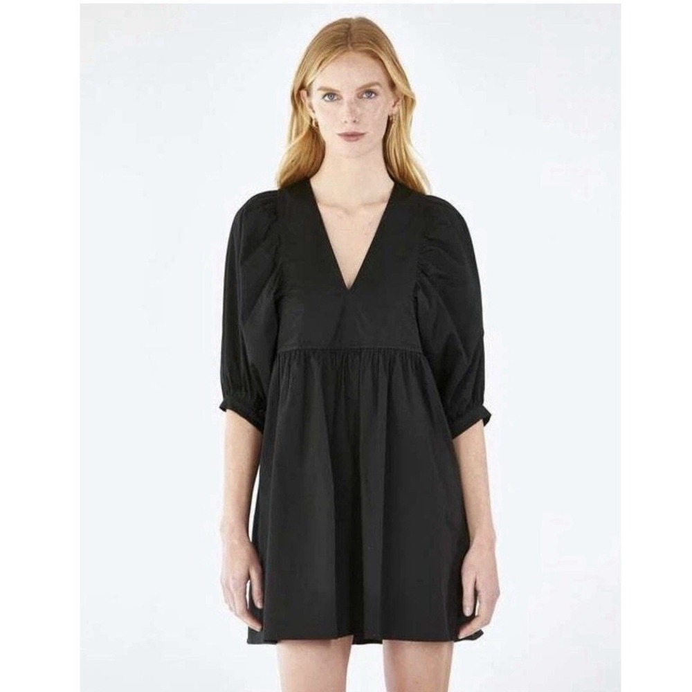 Hunter Bell Women's "Maya" Black Cotton‎ Puff Sleeve Poplin Dress Size S